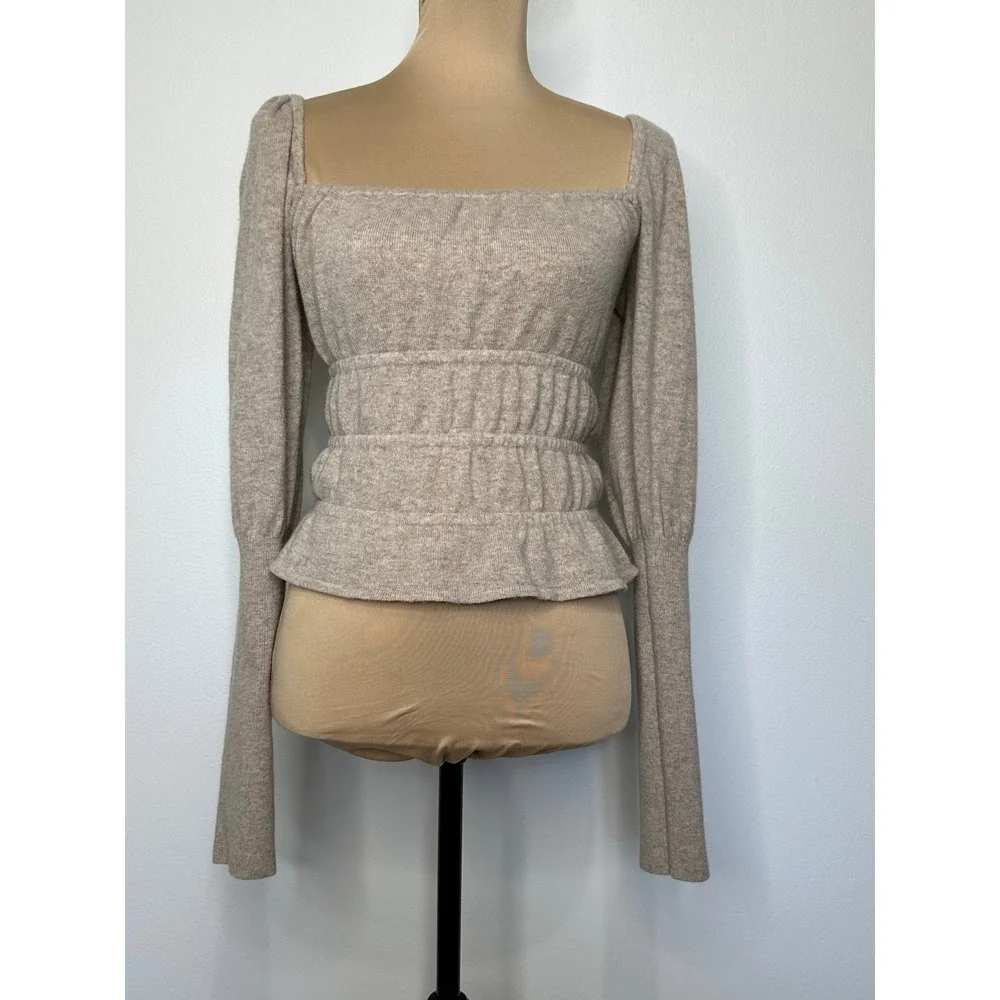 Reformation Wool Cashmere Smocked Peplum Top Size S Tan Square Neck Cropped